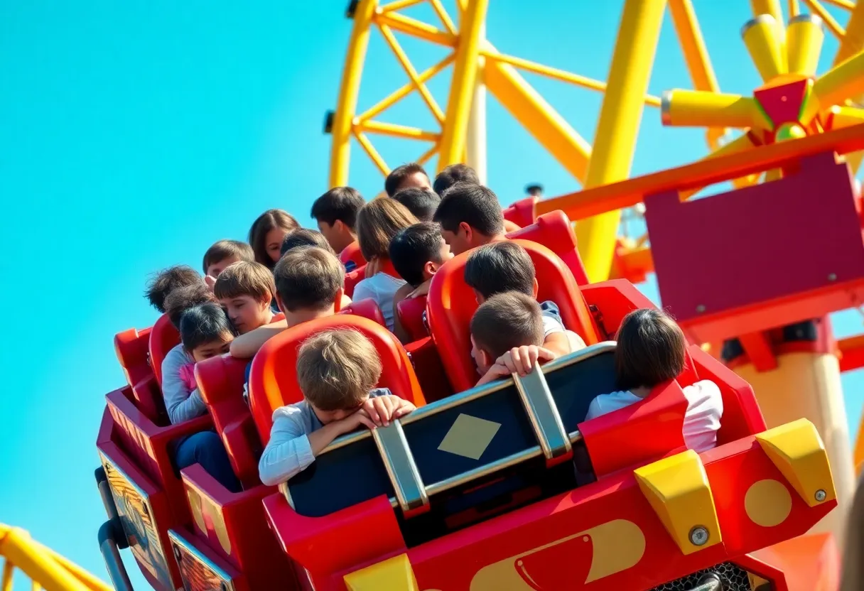 Roller coaster at Six Flags Magic Mountain with riders experiencing thrill