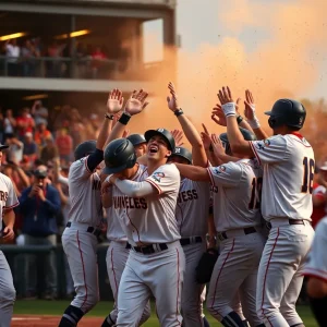 Air Force baseball team celebrating their comeback win against SDSU
