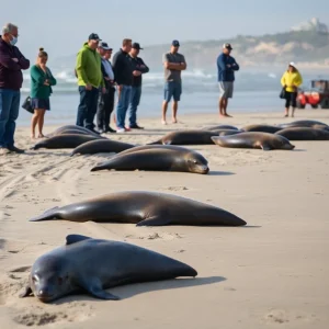 Community witnessing the effects of algal bloom on marine mammals at Ventura beach.