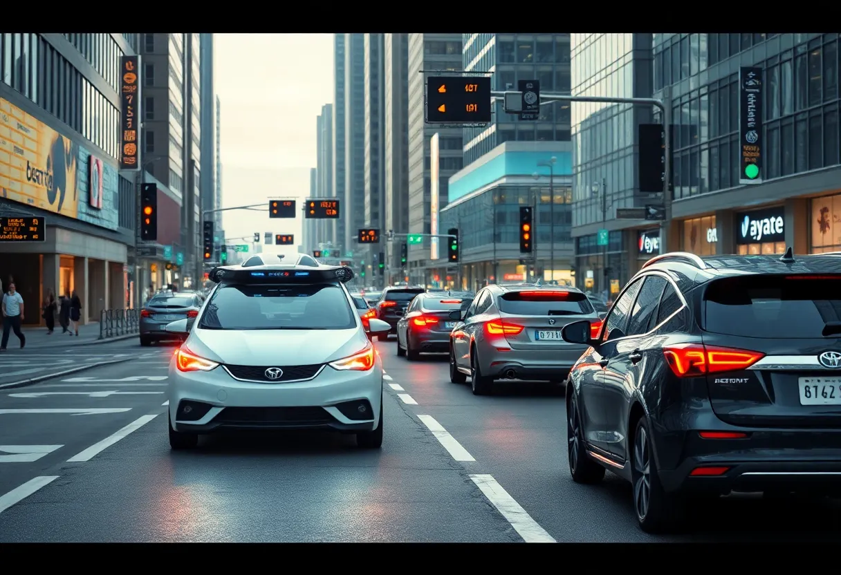 Futuristic city with autonomous vehicles navigating through traffic.