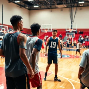 Basketball players in action on a court