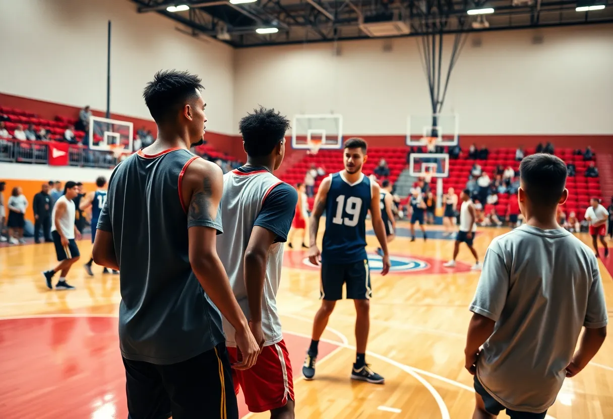 Basketball players in action on a court