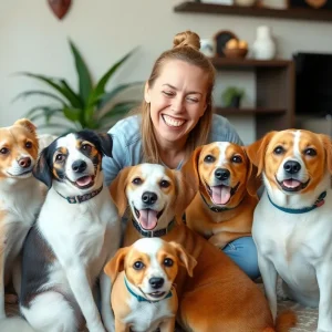 A pet sitter caring for various pets in a lively environment