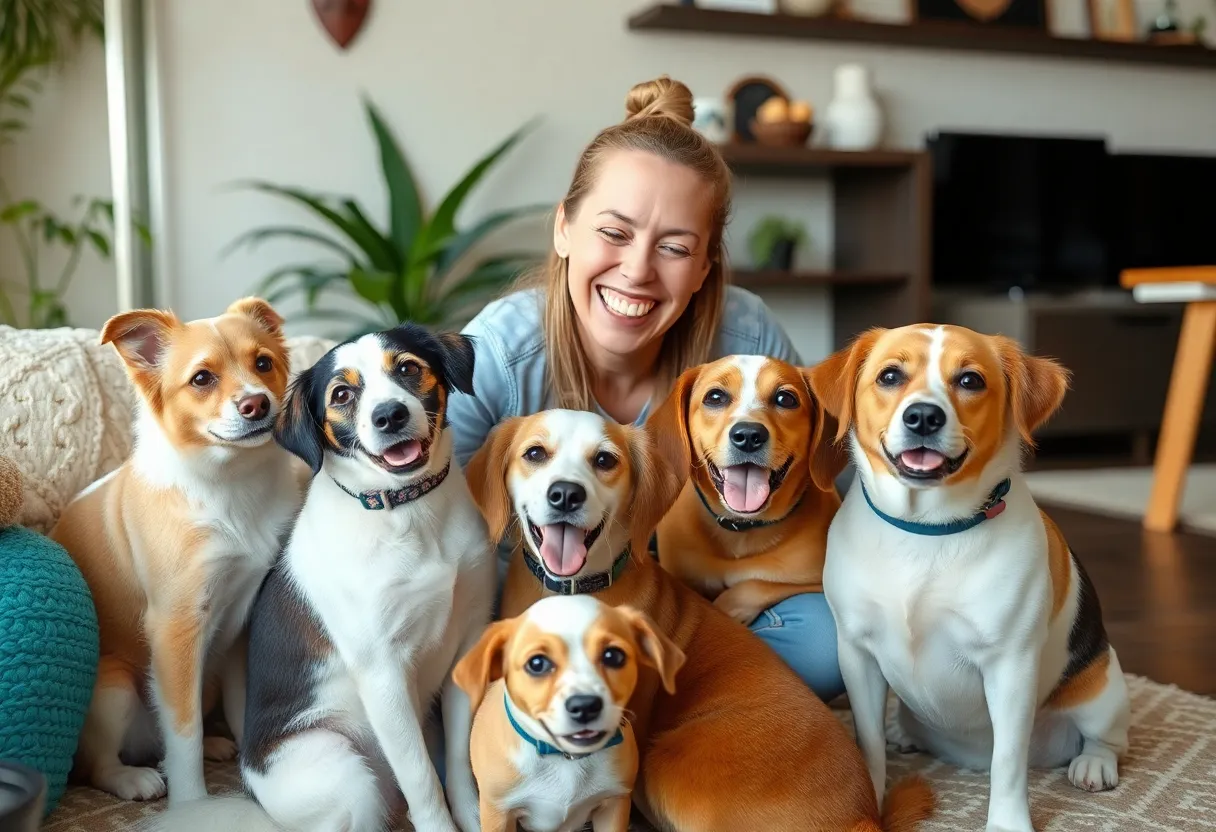 A pet sitter caring for various pets in a lively environment