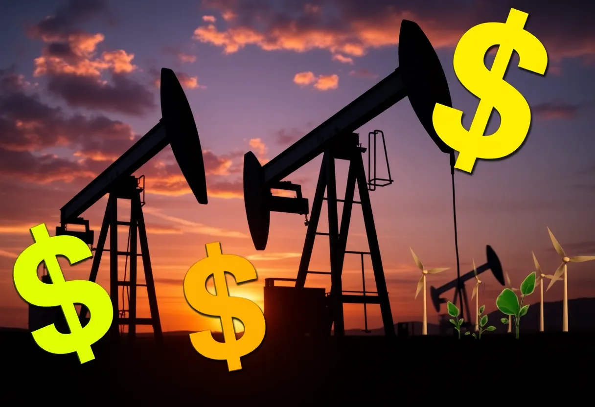 Illustration depicting the financial challenges of BP with oil wells and green energy elements.