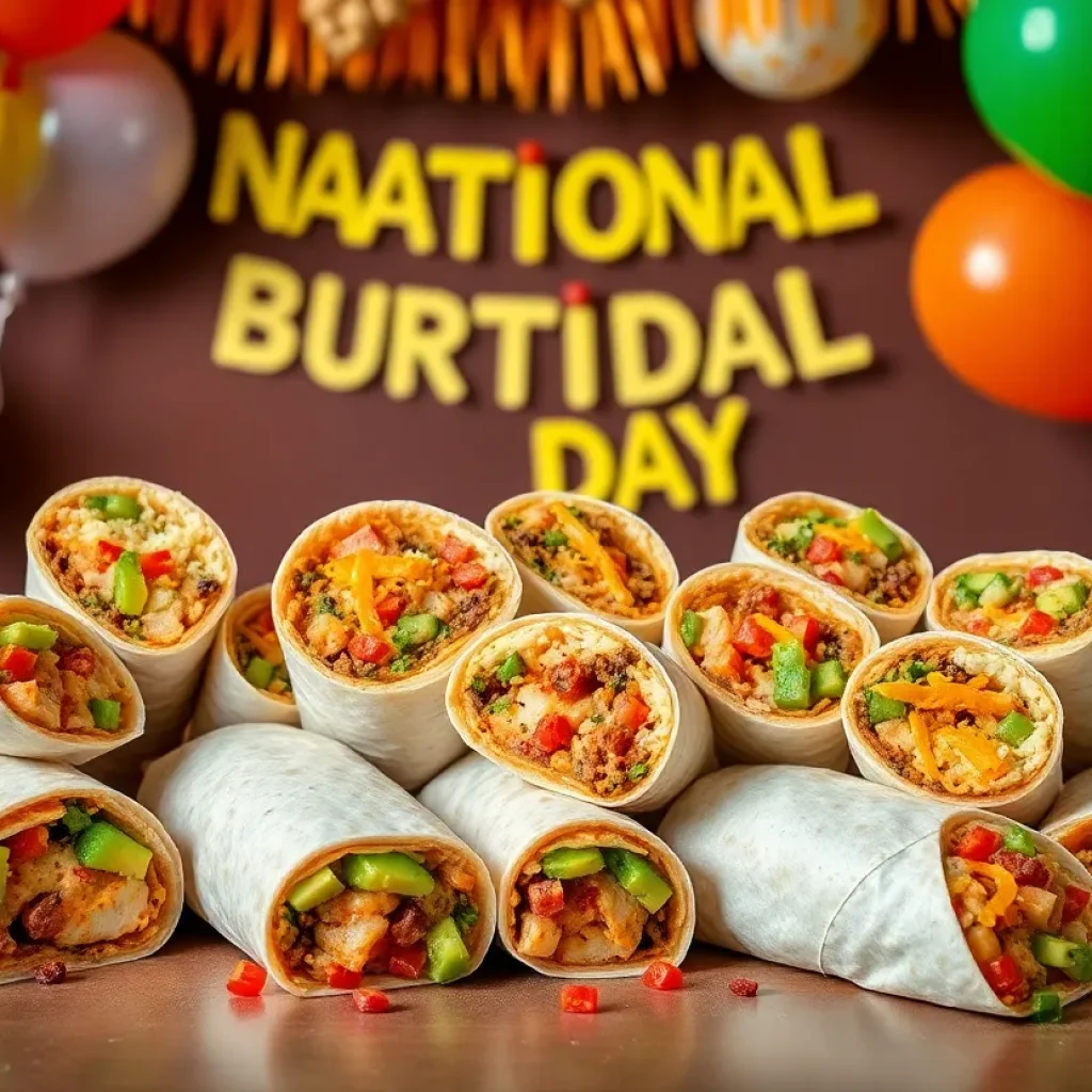 A table filled with various colorful burritos