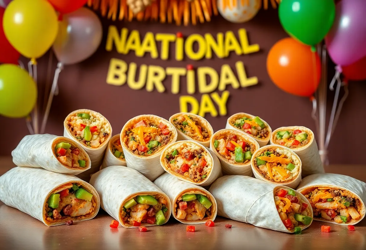 A table filled with various colorful burritos