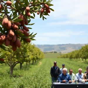 California almond farm during a press conference about tariffs