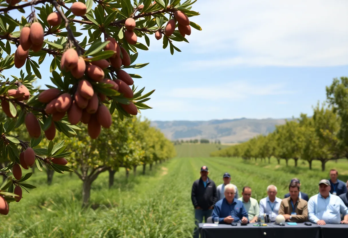 California almond farm during a press conference about tariffs