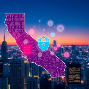 Illustration of California state with technology and data privacy symbols