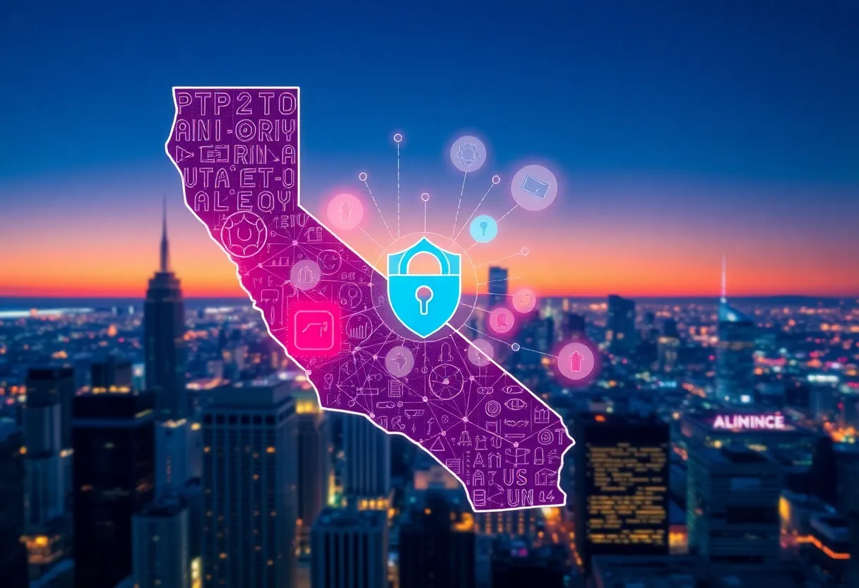Illustration of California state with technology and data privacy symbols