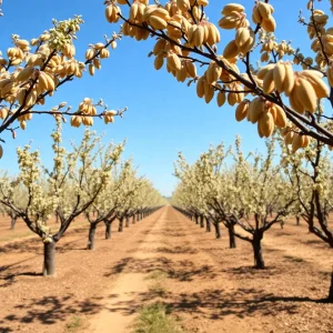 Almond orchard in California under a blue sky