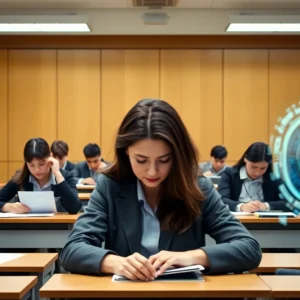 Exam room with anxious students looking at error-filled screens