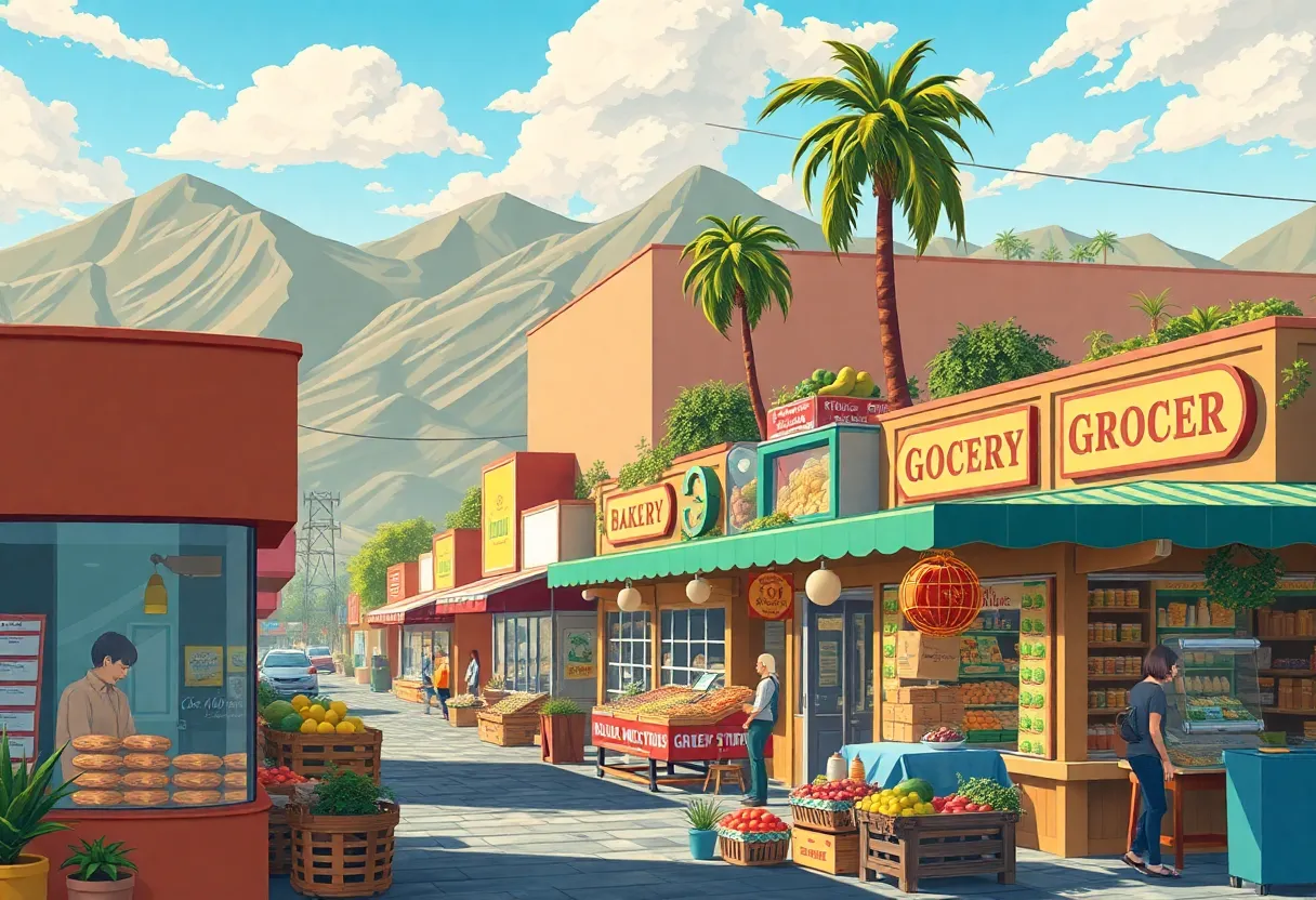 A collage of California's business scene in 2025, highlighting bakeries and grocery store prices.