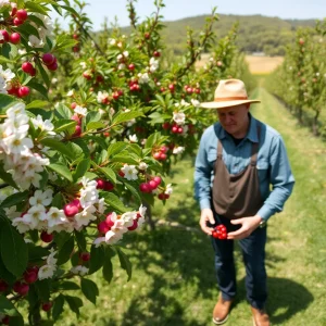 Cherry trees in a California orchard during spring with a farmer inspecting the crop.