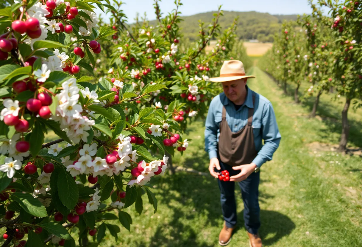 Cherry trees in a California orchard during spring with a farmer inspecting the crop.