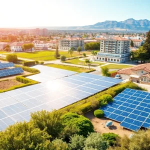 California landscape with solar panels and energy-efficient buildings