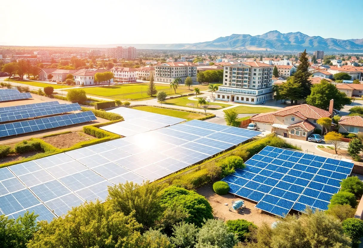 California landscape with solar panels and energy-efficient buildings