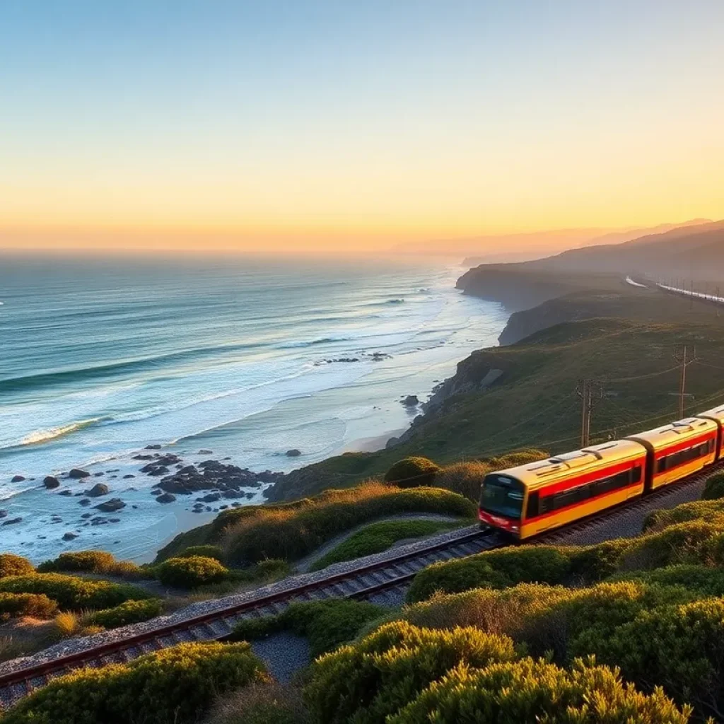 Train running along the California coastline with enhanced rail infrastructure.