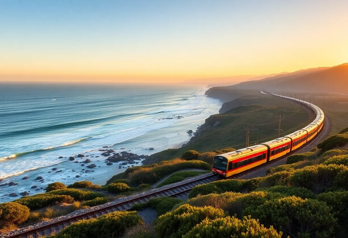 Train running along the California coastline with enhanced rail infrastructure.