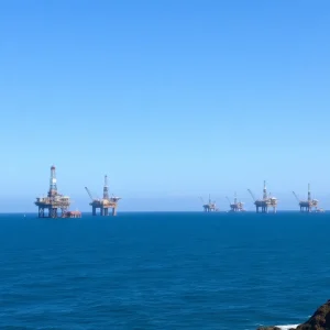 View of California coastline with offshore oil rigs