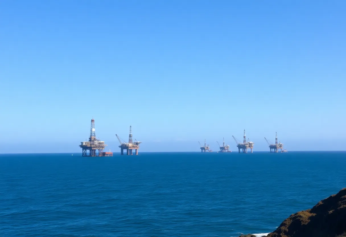 View of California coastline with offshore oil rigs