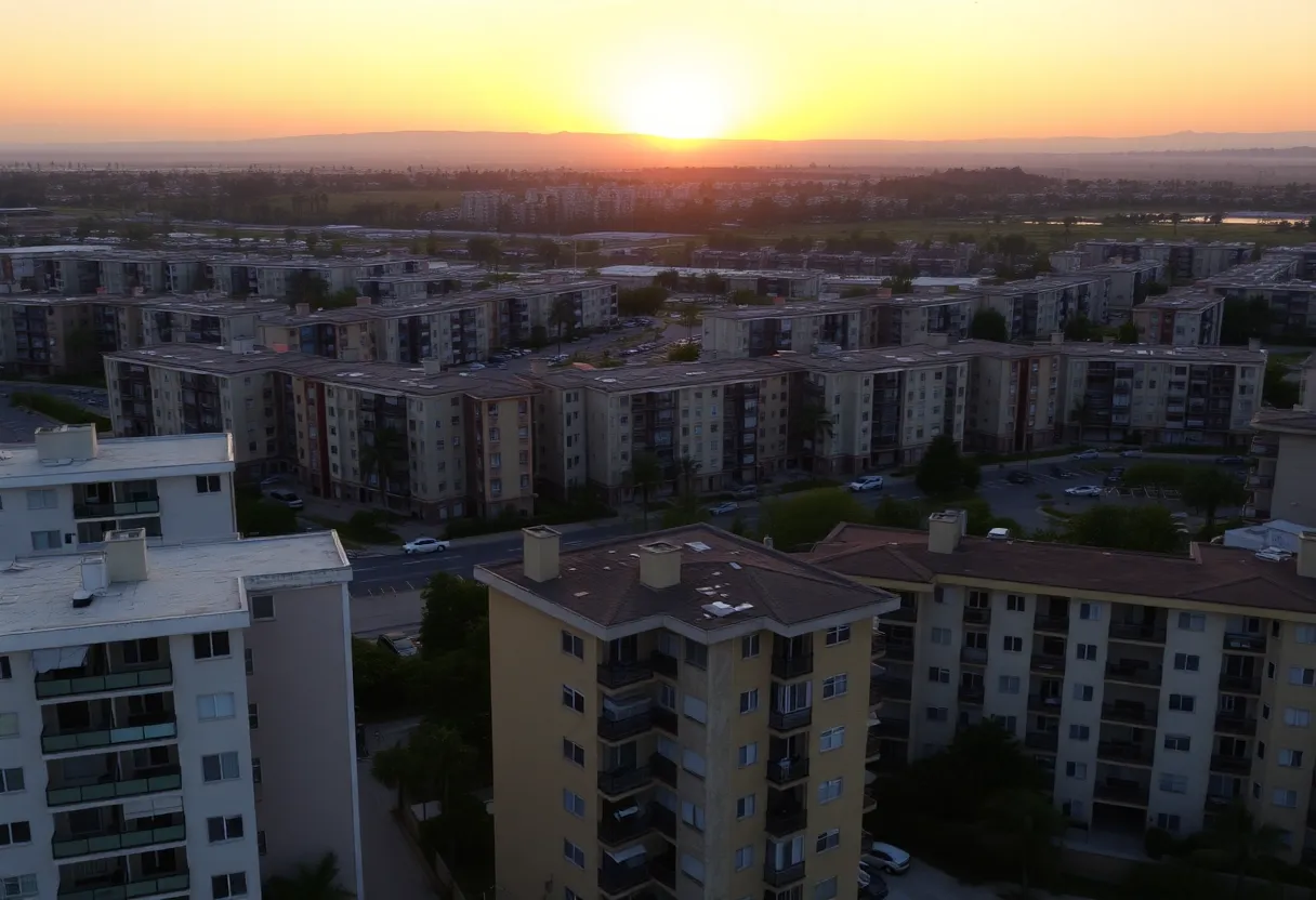 View of California condominium complexes during sunset.