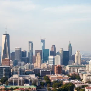 Skyline representing California's corporate environment with company logos.