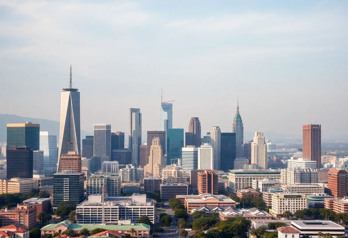Skyline representing California's corporate environment with company logos.