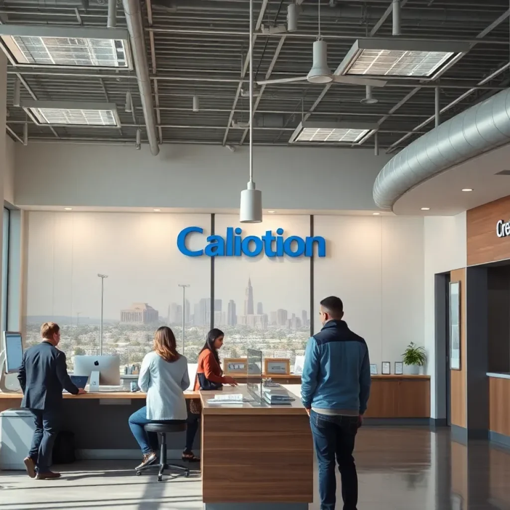 Interior of a credit union office with financial advisors and customers