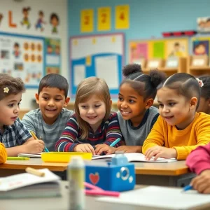 Diverse elementary students participating in a classroom learning activity