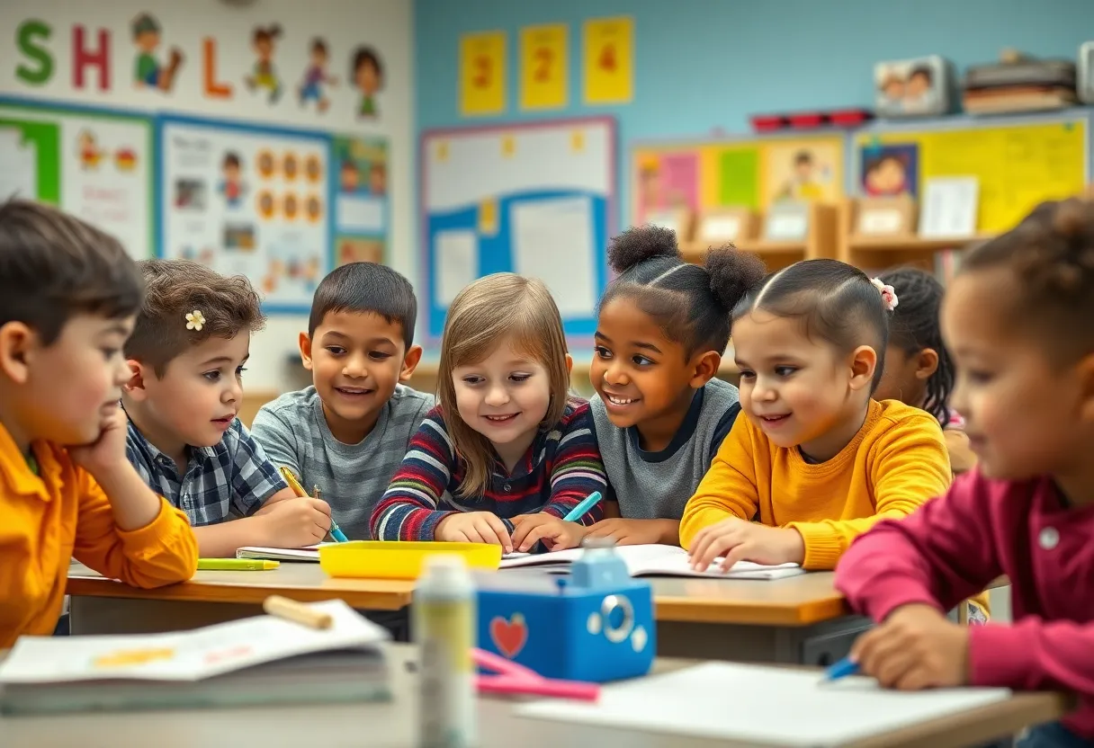 Diverse elementary students participating in a classroom learning activity