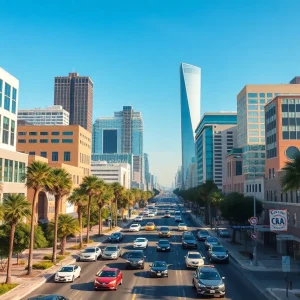 A vibrant cityscape representing California's thriving economy