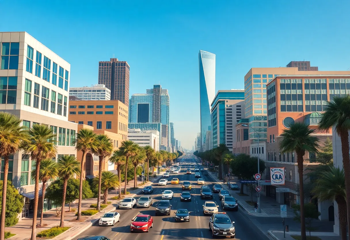 A vibrant cityscape representing California's thriving economy