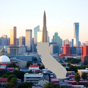 A skyline showcasing California's economic vitality with symbols of trade and innovation