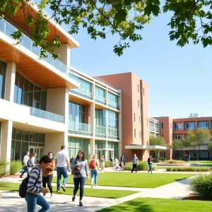 Vibrant university campus in California with students engaged in learning.
