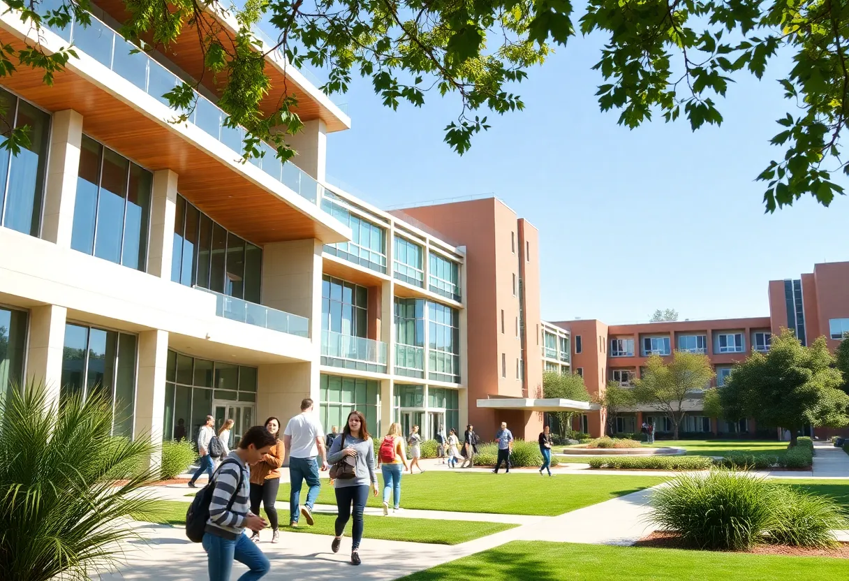 Vibrant university campus in California with students engaged in learning.