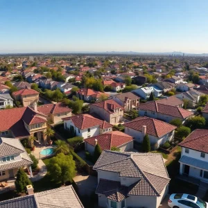 Aerial view of a California neighborhood with various housing styles.
