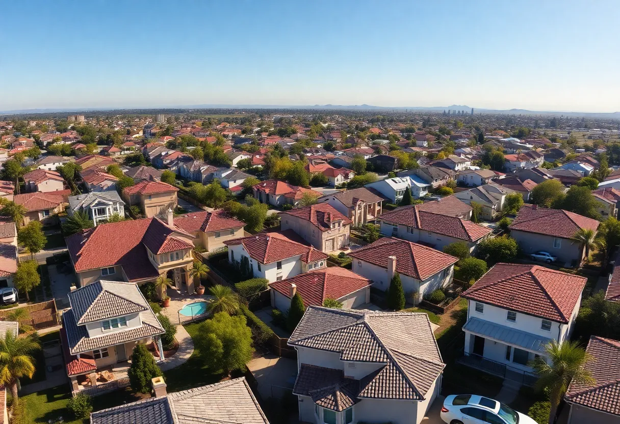 Aerial view of a California neighborhood with various housing styles.