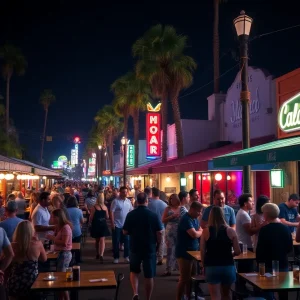 A lively nightlife scene in California showcasing bars and restaurants