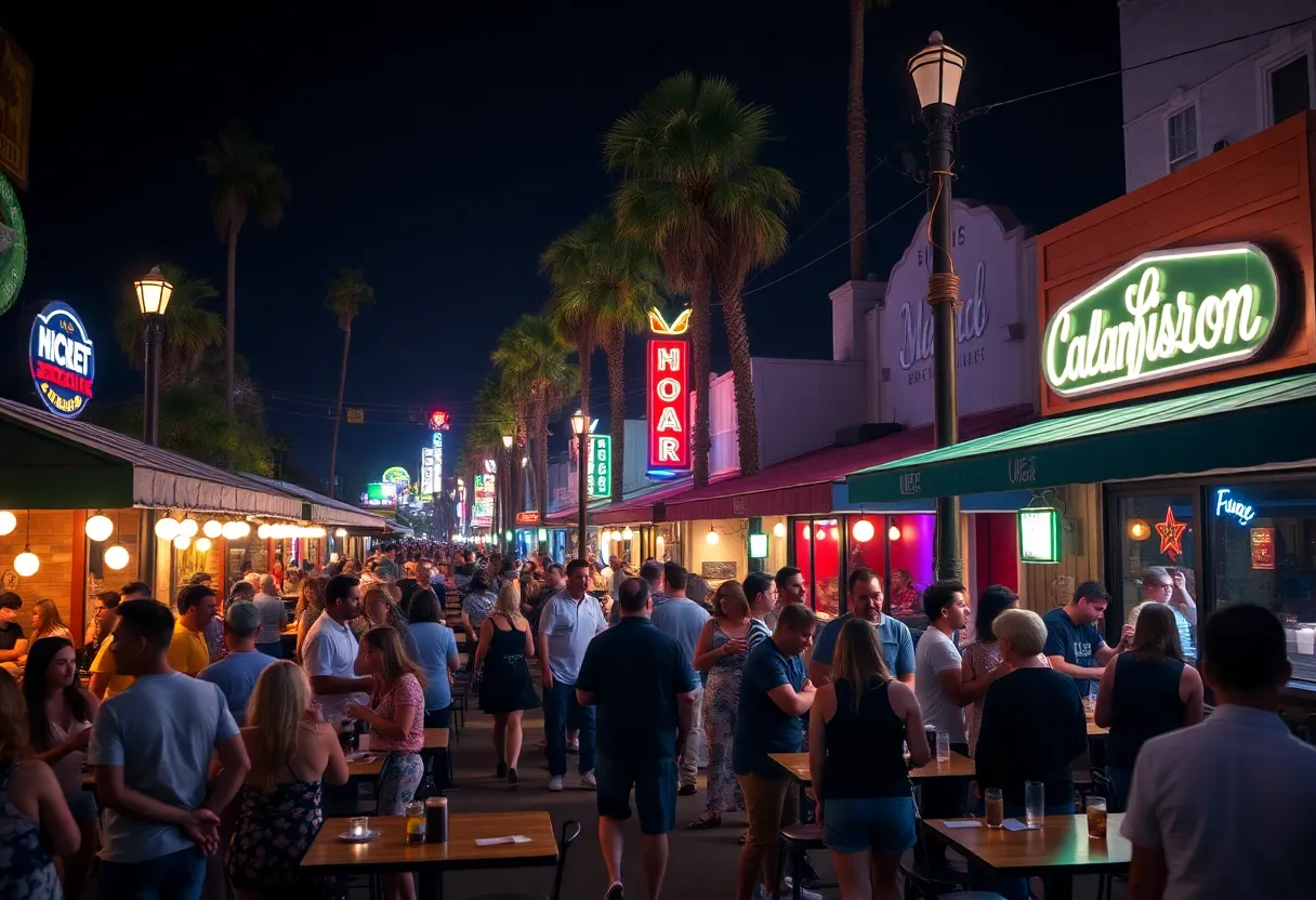 A lively nightlife scene in California showcasing bars and restaurants