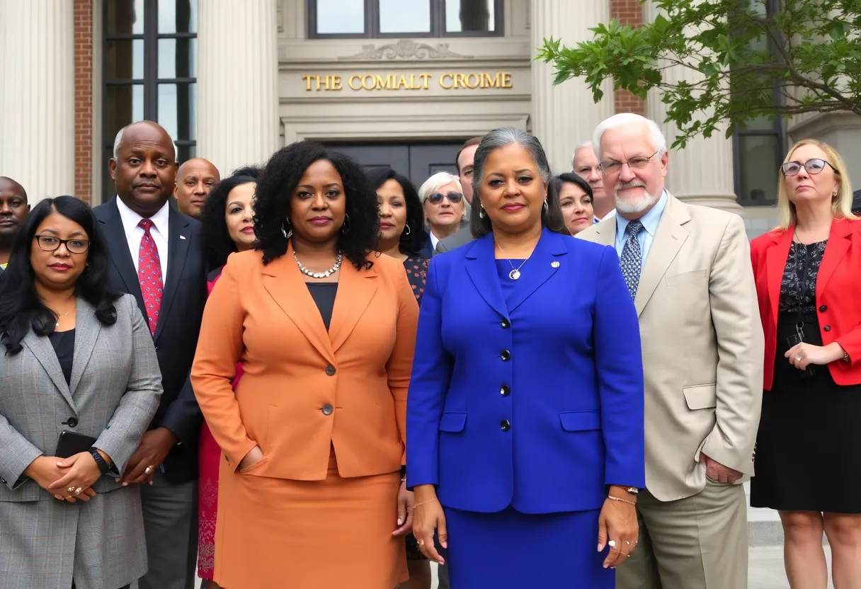California state officials stand united in front of a courthouse