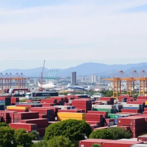 A cityscape of California representing trade and agriculture