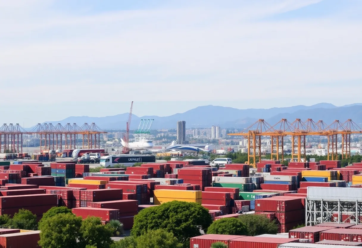 A cityscape of California representing trade and agriculture