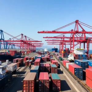 Image depicting California's trade port with containers and ships.
