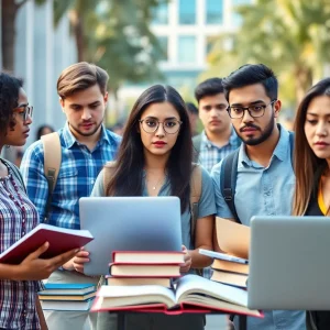 Diverse international students concerned on a university campus in California.