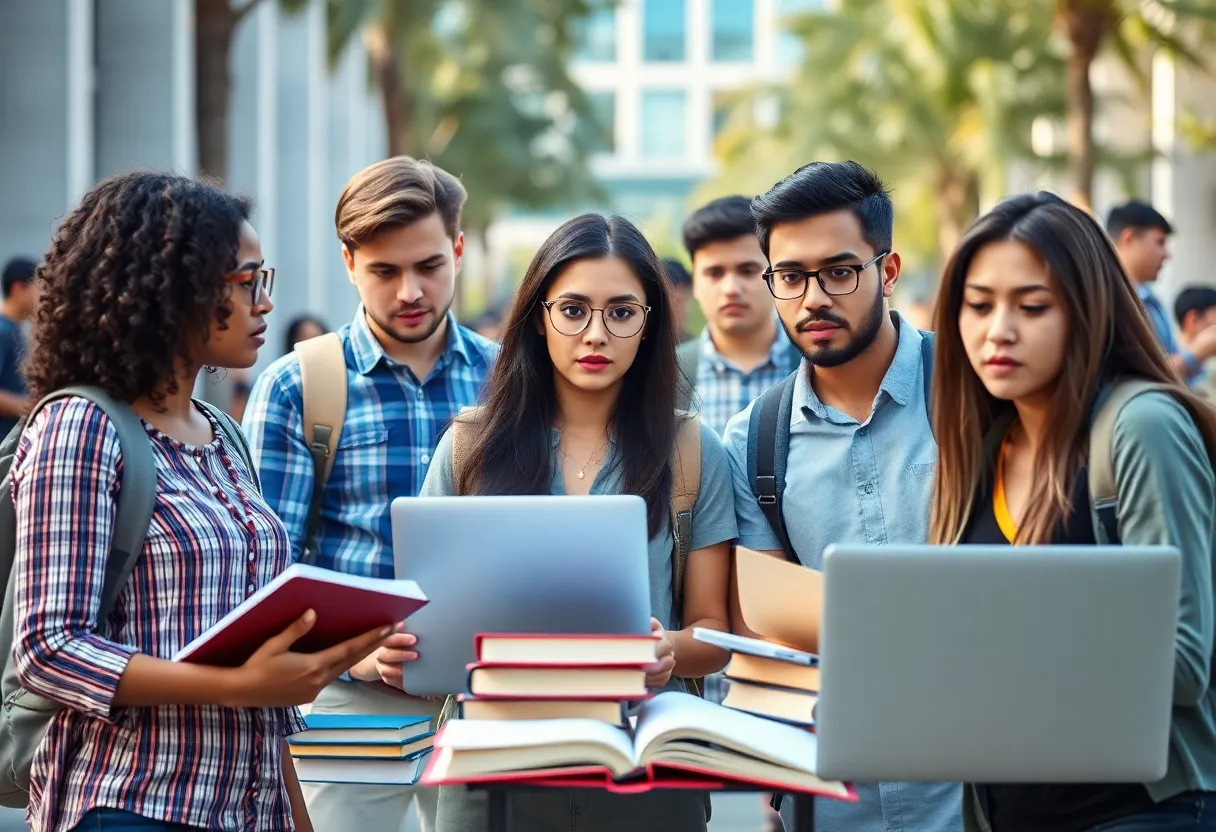 Diverse international students concerned on a university campus in California.