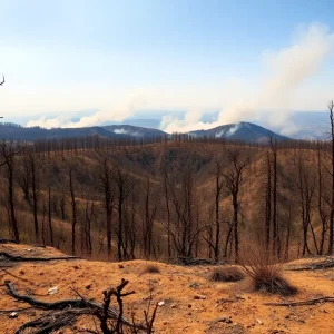 Aftermath of a California wildfire showing burned land and trees.