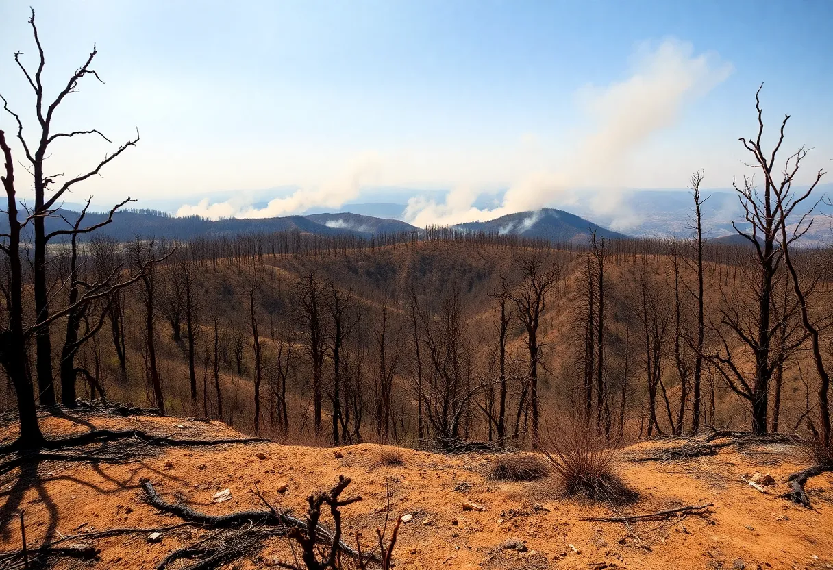 Aftermath of a California wildfire showing burned land and trees.