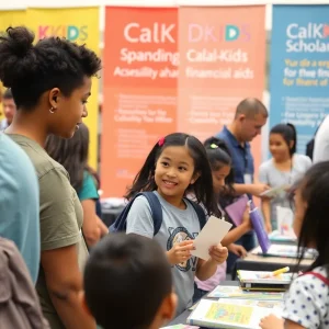 Families receiving information about CalKIDS scholarships at a community event.